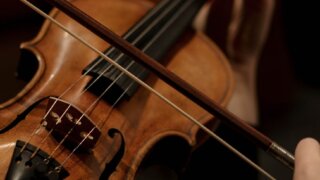 a person playing violin while holding a violin bow